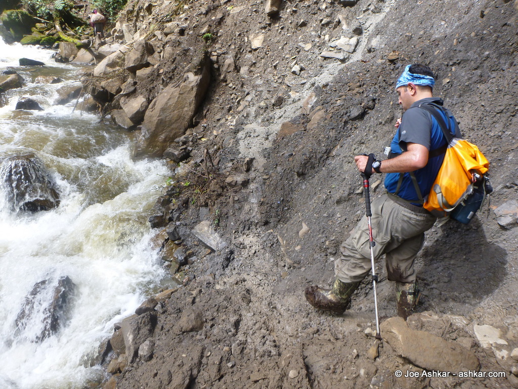 Steep narrow ridge. One missed step and you're in the river.
