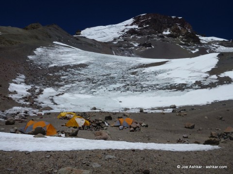 Camp 3 / Helicopter Camp at the foothills of the Polish Glacier and Aconcagua.