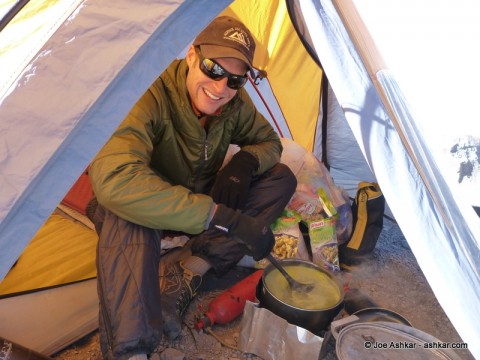 Cooking and relaxing in the tent.