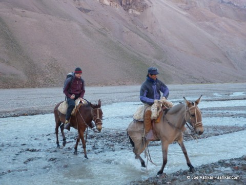 Crossing the river on Mules.