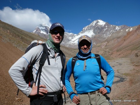 Joe Ashkar & Garrett Madison with Cerro Aconcagua and Mt. Ameghino in the background.