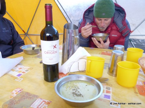Enjoying some Soup and Malbec wine at Base Camp.