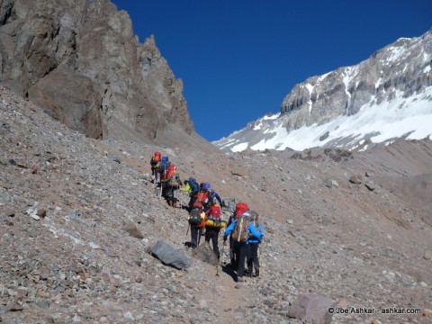A group of climbers on an carry to camp 1.