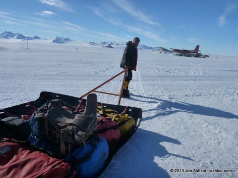 Pulling our bags to the plane.