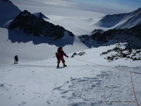 Moving up the fixed ropes to High Camp.
