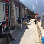 Team members busy checking emails and social media.