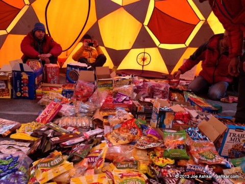 Sorting out our snacks.