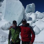 Ben Jones & Joe Ashkar in front of unstable Seracs in the Icefall.