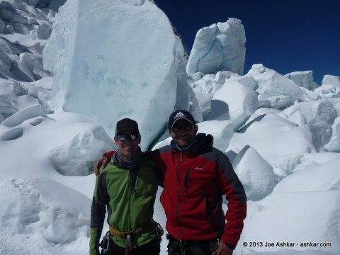Ben Jones & Joe Ashkar in front of unstable Seracs in the Icefall.