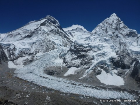 Amazing view of Everest, Lhotse, Nuptse, the Khumbu Glacier and Base Camp.