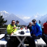 Enjoying hot drinks at the Everest View Hotel.