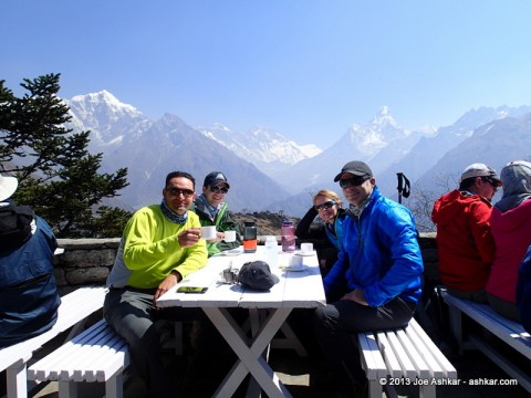 Enjoying hot drinks at the Everest View Hotel.